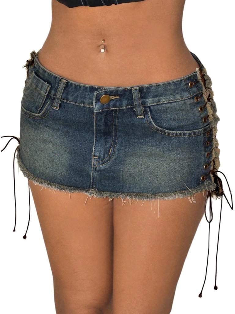 Women's Lace Up Side Bodycon Denim Mini Skirt Y2k Low Rise Frayed Hem Jean Skirt